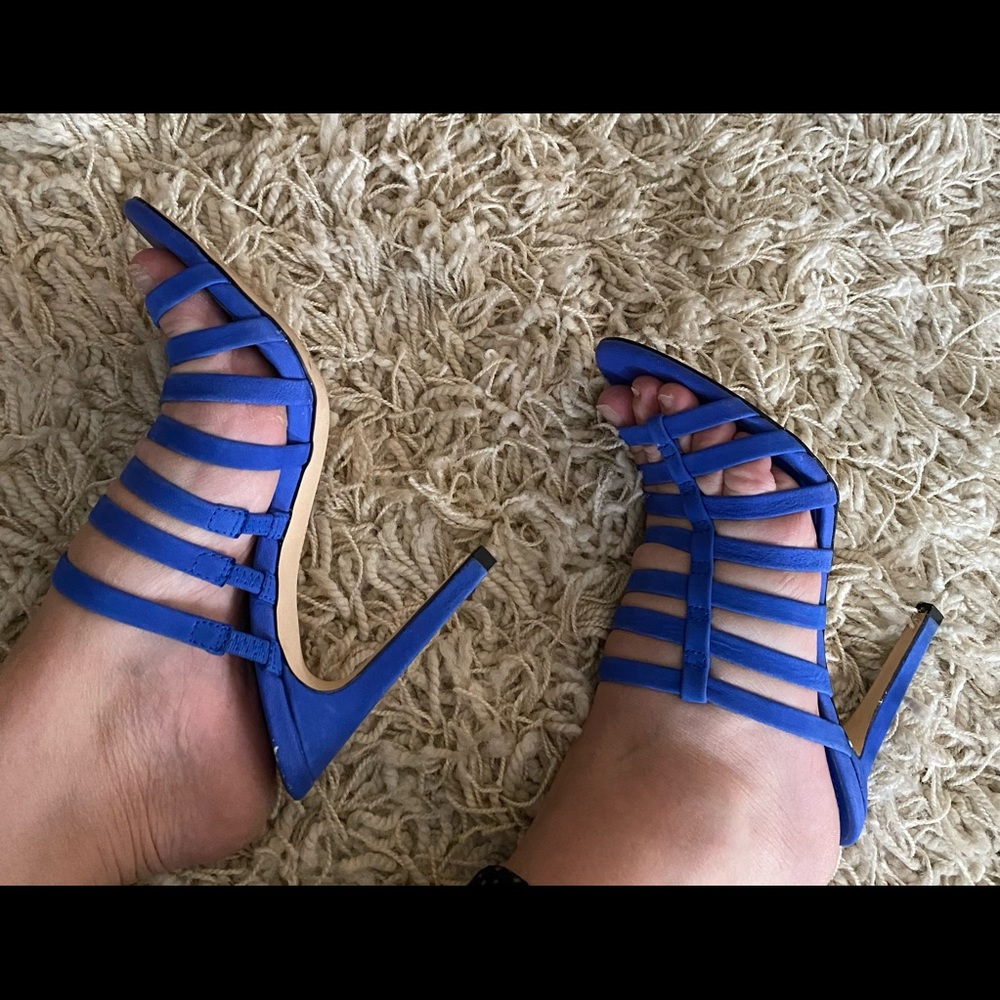 BCBGeneration Callie Blue HEELS Sandals strappy faux suede open-toe slide heels.